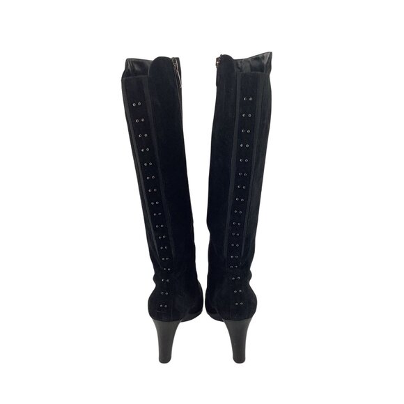Aquatalia Black Suede Knee-High Boots 3-Inch Heels & Studded Back Detail Size 6 - Picture 3 of 7
